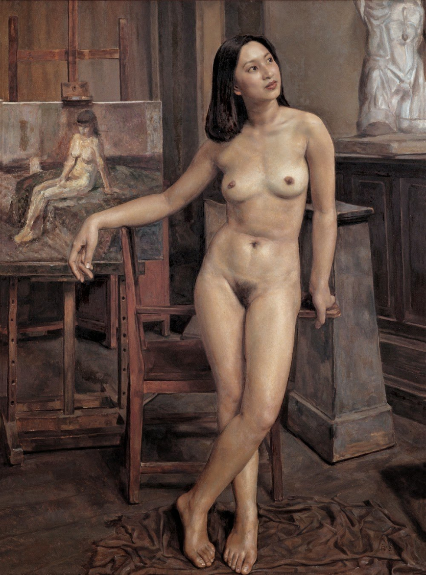 Голые женщины позируют художнику