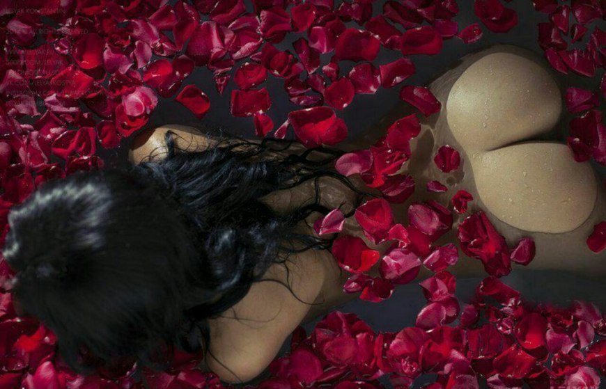 Девушка в лепестках роз гифка